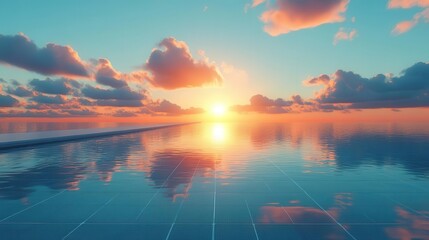 futuristic solar farm sleek panels stretching to horizon vibrant blue sky lens flares sustainable tech aesthetic clean lines