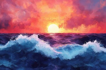 Wall Mural - Vibrant Sunset Over Turbulent Ocean Waves