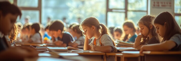 Poster - Students sit in a crowded classroom, focusing on studies while surrounded by old books and limited school supplies, yearning for knowledge. Generative AI