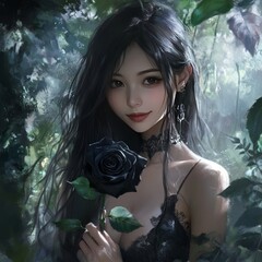 Poster - A young woman with long black hair holds a black rose in a forest setting.