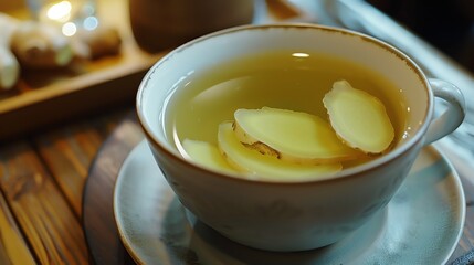 A cup of ginger tea on a table.