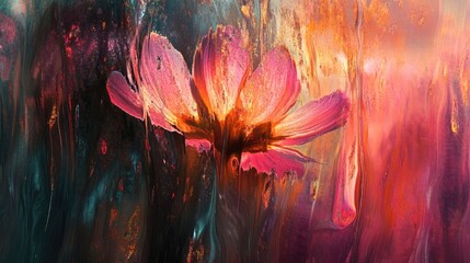 Poster - Abstract Painting of a Flower with Red and Gold Hues