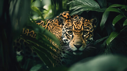 Wall Mural - Majestic jaguar prowling through the dense foliage of the Amazon rainforest, blending into its natural habitat