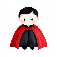 A single cute child in a vampire costume with a tiny cape, watercolor illustration, clipart, isolated on pure white background