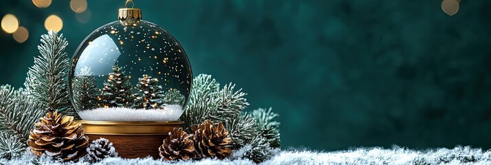 Wall Mural - Christmas Snow Globe with Pinecones and Snowy Background