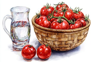 Sticker - Fresh Tomatoes in a Basket with Water Pitcher