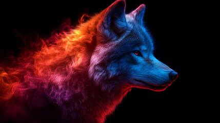 Canvas Print - wolf, the head of a wolf in a multi-colored flame. Abstract multicolored profile portrait of a wolf head on a black background