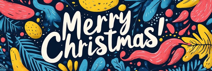 Sticker - Bright and cheerful design features the words Merry Christmas surrounded by colorful leaves and shapes, capturing the essence of the holiday season