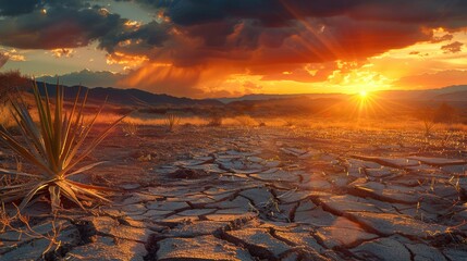 Wall Mural - A dramatic sunset over a drought-affected landscape, with cracked earth and resilient plants, emphasizing the urgency of water conservation efforts 