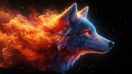 Poster - wolf, the head of a wolf in a multi-colored flame. Abstract multicolored profile portrait of a wolf head on a black background