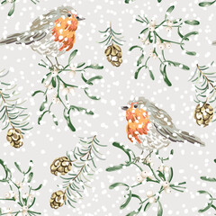 Wall Mural - christmas seamless pattern, robin birds, pine twigs, cones, mistletoe, snow, light gray background. 