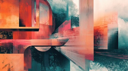 Wall Mural - Abstract Geometric Composition with Red, Orange, and Blue Hues