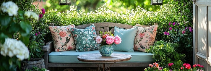 Poster - A charming garden nook features a wooden bench with colorful floral cushions, a round table, and a vase of peonies, all surrounded by lush greenery on a sunny afternoon