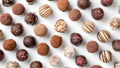 Canvas Print - Many different delicious chocolate truffles on white background, top view