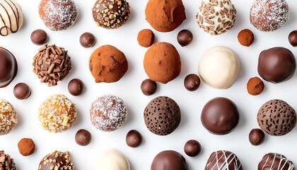 Canvas Print - Many different delicious chocolate truffles on white background, top view