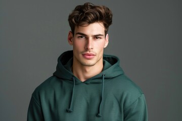 Handsome man in green hoodie isolated on gray background