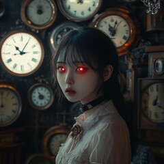 Wall Mural - A young woman with red eyes stares intently at the camera, surrounded by vintage clocks.