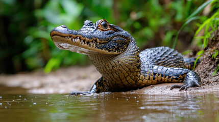 Wall Mural - Spectacled caiman resting by a riverbank in the Amazon rainforest, partially submerged in the shallow water.