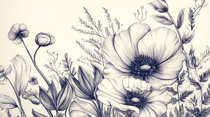 Wall Mural - Line art illustration of a floral design sketch