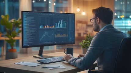 Fototapete - An expert works diligently at a tidy desk, analyzing data on a large monitor while sipping coffee during evening hours. Generative AI