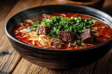 Spicy red soup beef noodle in a bowl, placed on a wooden table