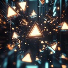 Wall Mural - Abstract 3D render of glowing triangular shapes floating in a dark space.