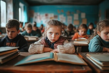 Poster - A group of students sit at desks filled with old books, showing signs of disengagement in a crowded classroom environment. Generative AI