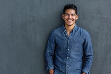 Handsome smiling man in blue shirt against grey background.