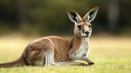 portrait of a kangaroo resting gracefully in a green field