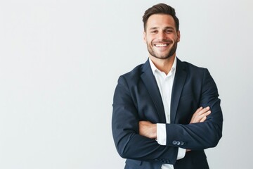 Confident Caucasian man in formal suit smiling at camera.