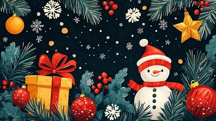 This image depicts a cheerful snowman, wrapped gifts, and holiday decor elements like pine branches, ornaments, and snowflakes, creating a festive winter scene on a dark background.