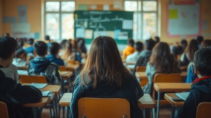 Aufkleber - Students are engaged in learning in an overcrowded classroom filled with old materials and a lack of school supplies. Generative AI