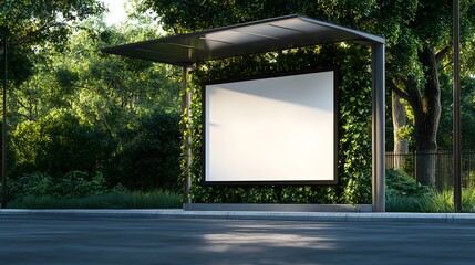 Bus stop shelter with blank white billboard, bright daylight, lush green trees background, concrete ground, modern urban setting, empty advertisement space.