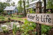 © Pixels  - A charming wooden sign reading 'Water Is Life' in whimsical script font, placed at a community garden promoting biodiversity and conservation