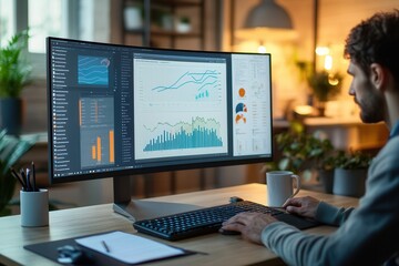 Fototapete - An expert is focused on a dual monitor setup, analyzing data and writing, with a well-organized desk featuring a notepad and coffee. Generative AI