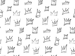 Wall Mural - Doodle chalk crown seamless pattern. Hand drawn crayon, charcoal crown background. Scribble line sketches of king crown, queen royal diadem vector. Print for apparel, kids background