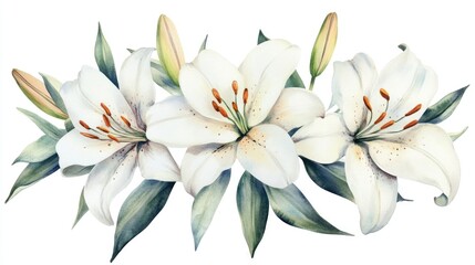 Wall Mural - White lily arrangement Floral bouquet Isolated on a light background Hand drawn clipart suitable for wedding invitations birthday stationery greeting cards and scrapbooking Watercolor artwork