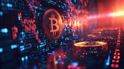 Wall Mural - Bitcoin Coin on a Digital Background with Red and Blue Lights