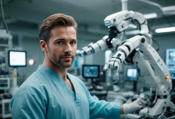 Wall Mural - A doctor in surgical attire standing confidently in a modern operating room with advanced robotic equipment.