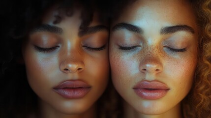 intense closeup of two diverse individuals foreheads touching eyes closed raw emotion chiaroscuro lighting emphasizing facial features