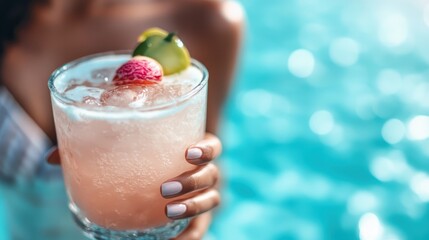 This image captures a close-up of a person's hand holding a vibrant mixed drink with a garnish of lime and berries, set against a serene swimming pool background.