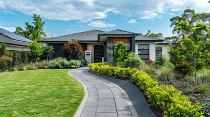 Modern suburban house with wellmaintained front yard and garden on sunny day