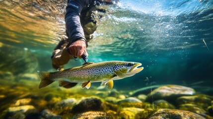 Angler Releasing Brown Trout Underwater