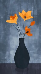 Wall Mural - Blue and orange vase bouquet plant pattern illustration poster background