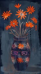 Canvas Print - Blue and orange vase bouquet plant pattern illustration poster background