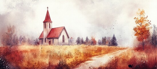 Poster - Watercolor landscape illustration featuring a church