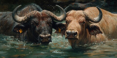 Close up oil painting of buffalo featuring Italian and Indian breeds in a water habitat setting showcasing different buffalo species