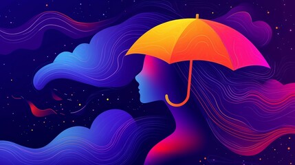 A stylized illustration of a silhouette with an umbrella, surrounded by colorful storm clouds, symbolizing resilience against mental health challenges