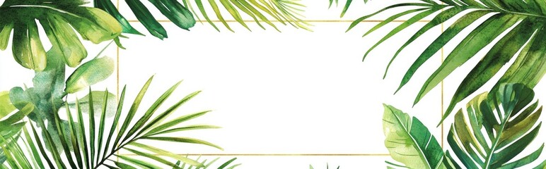 Wall Mural - Watercolor square frame in gold featuring hand drawn tropical palm leaves Bohemian greenery for wedding invitations save the date cards and summer illustrations