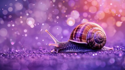 A snail crawling across a purple, sparkly surface.